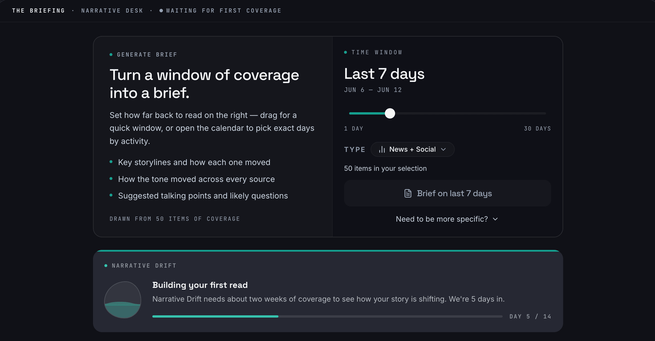 Oakrift Narrative Desk showing executive brief generation over a selected coverage window
