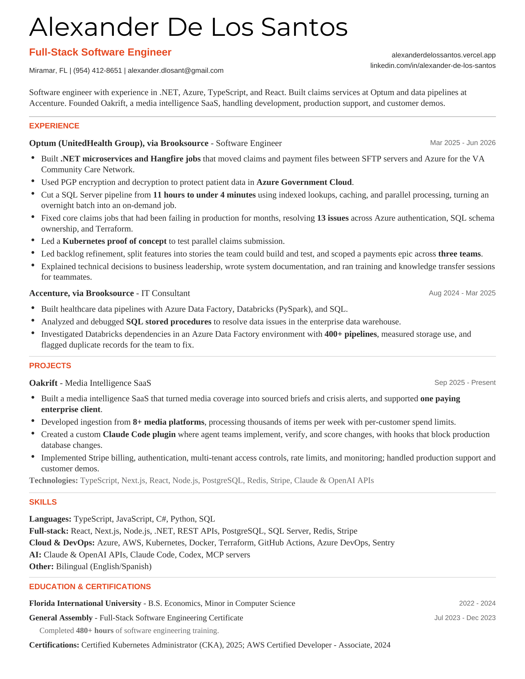 One page resume of Alexander De Los Santos